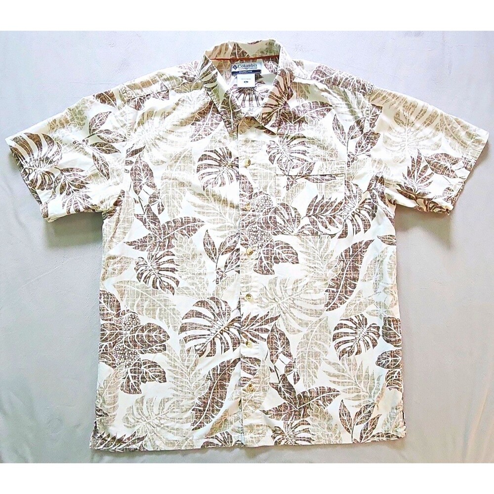 Columbia Men's L Hawaiian Tropical Floral Button-Up Shirt Pockets White Brown